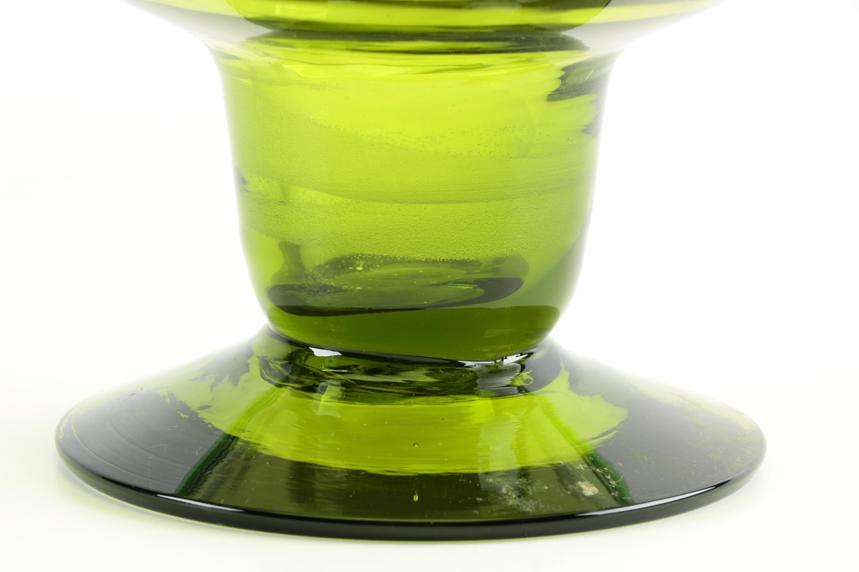 Hand Blown Green and Yellow Ruffled Pedestal Bowl