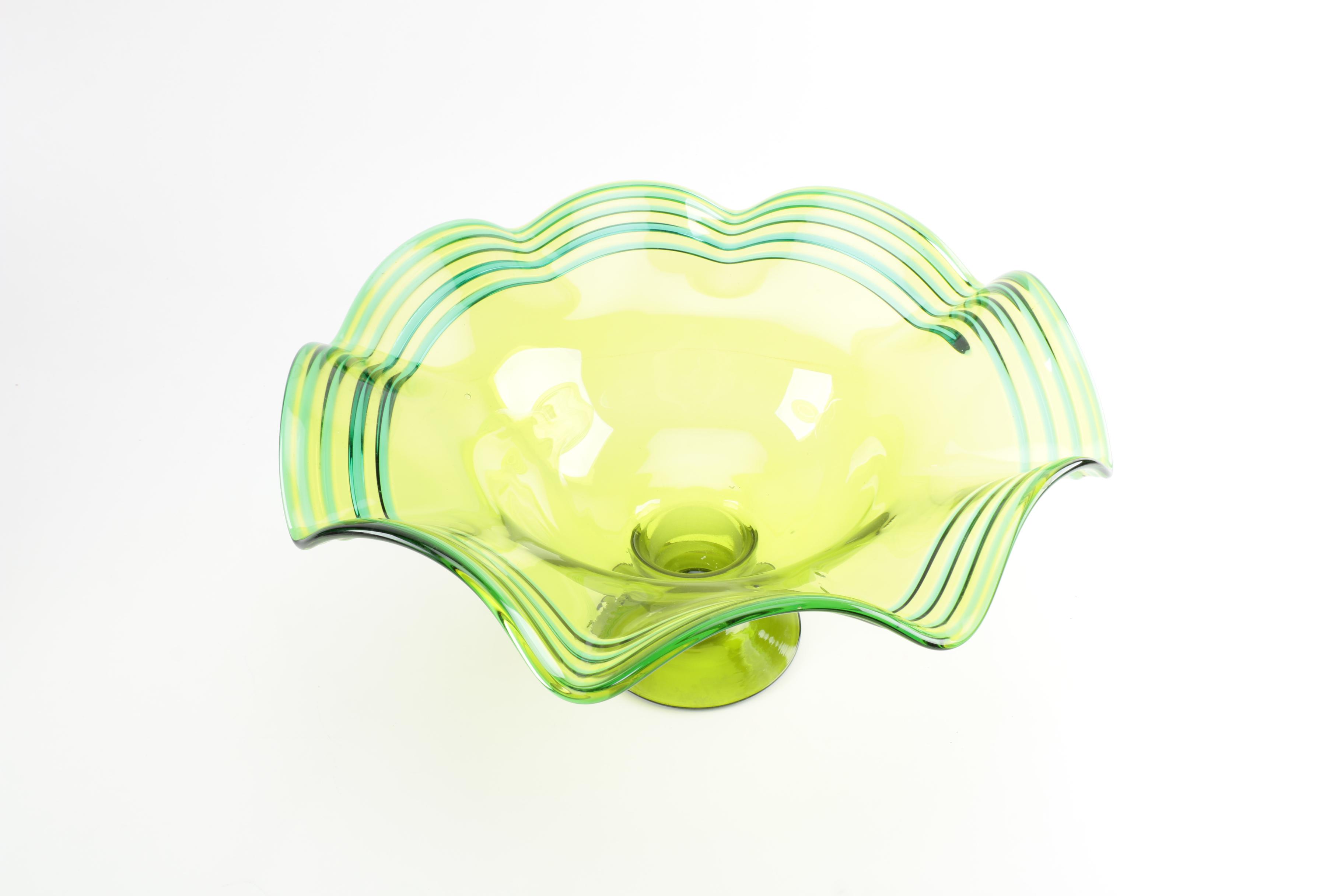 Hand Blown Green and Yellow Ruffled Pedestal Bowl