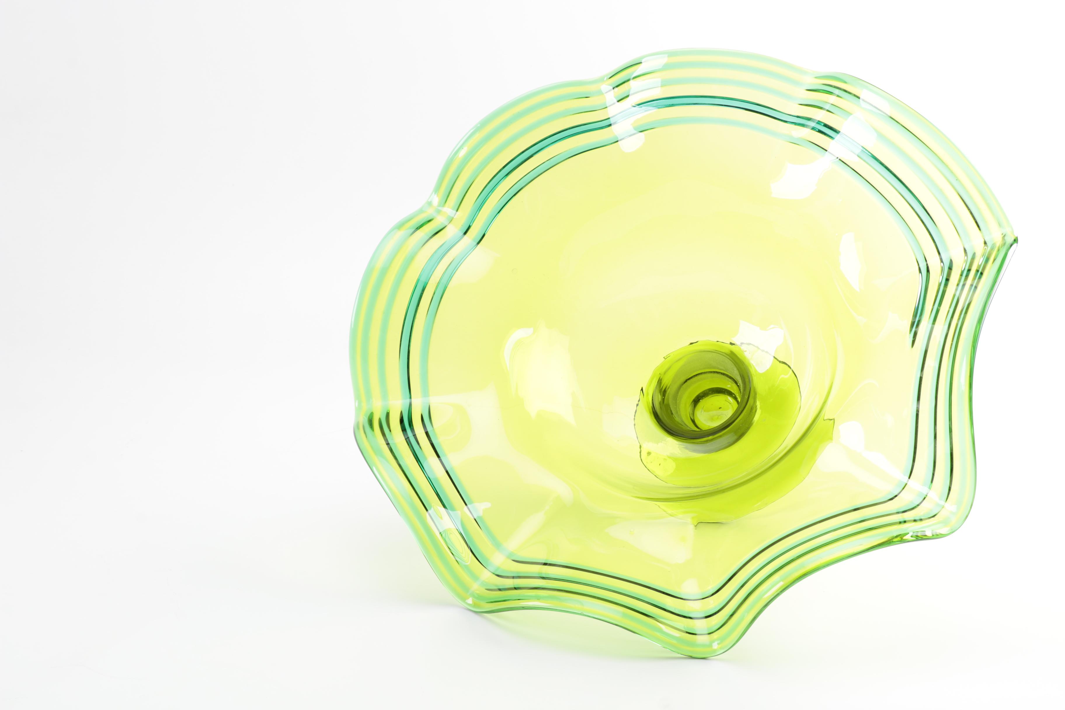 Hand Blown Green and Yellow Ruffled Pedestal Bowl