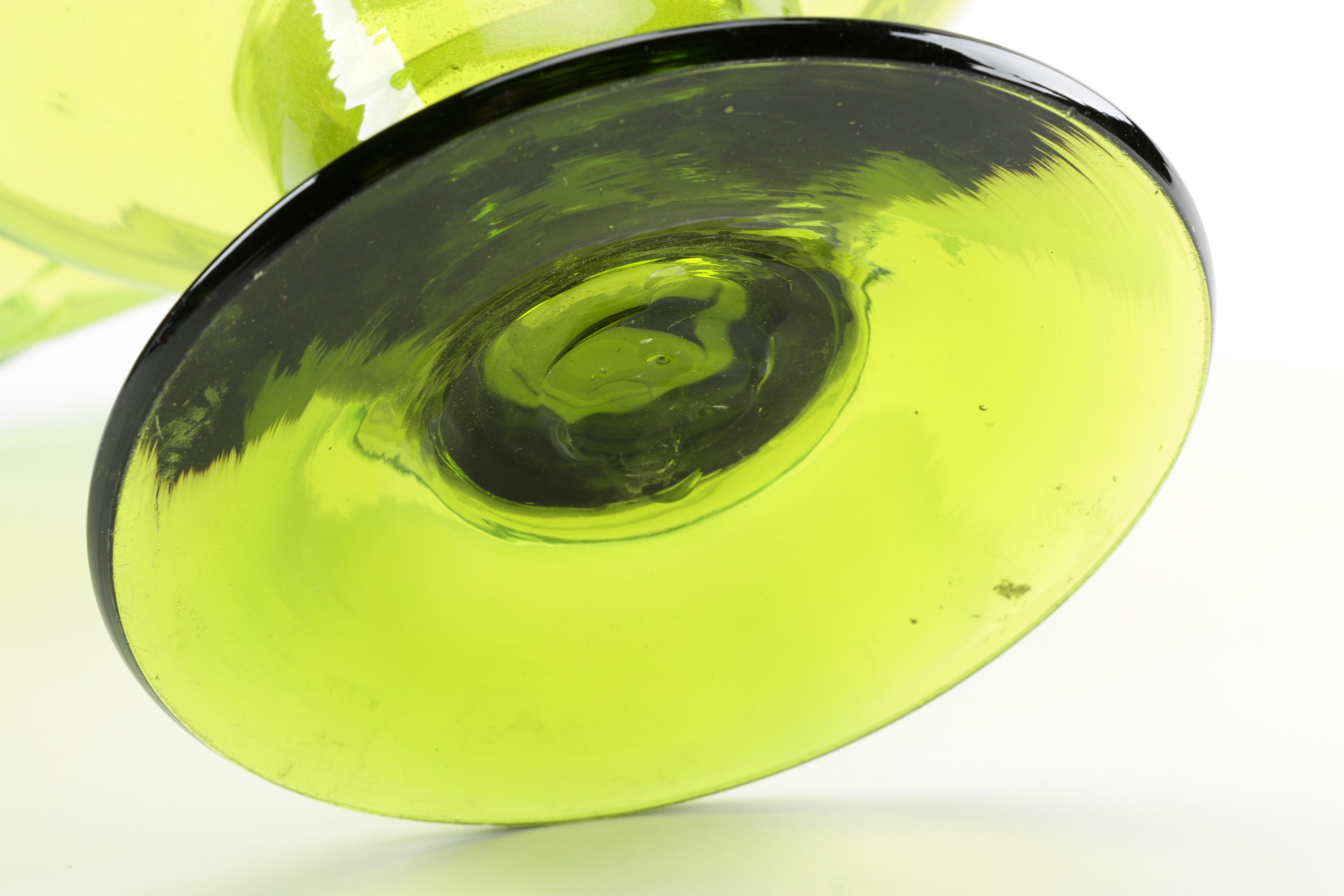 Hand Blown Green and Yellow Ruffled Pedestal Bowl