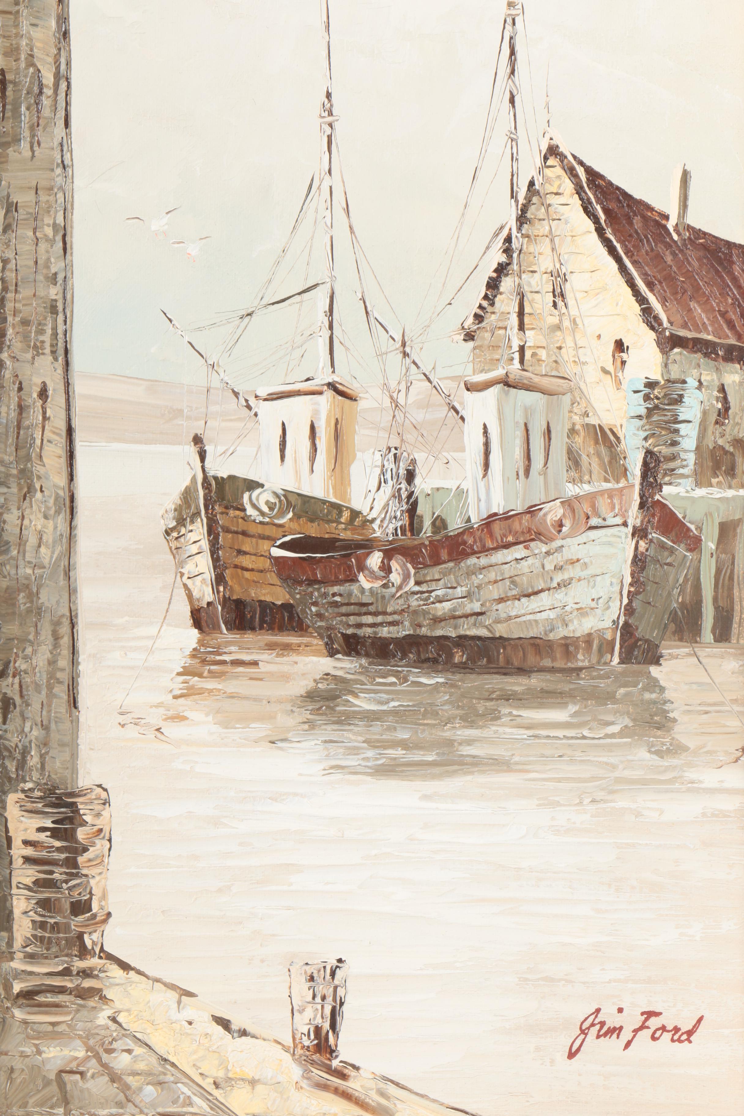 Jim Ford Oil Painting on Canvas of a Harbor Scene