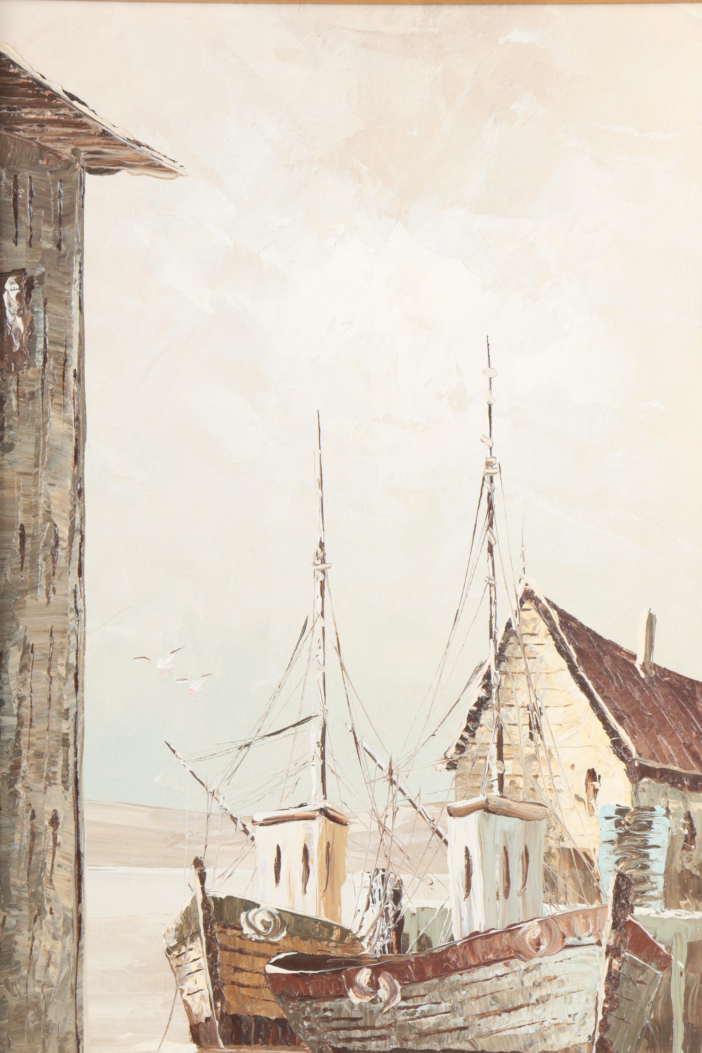 Jim Ford Oil Painting on Canvas of a Harbor Scene