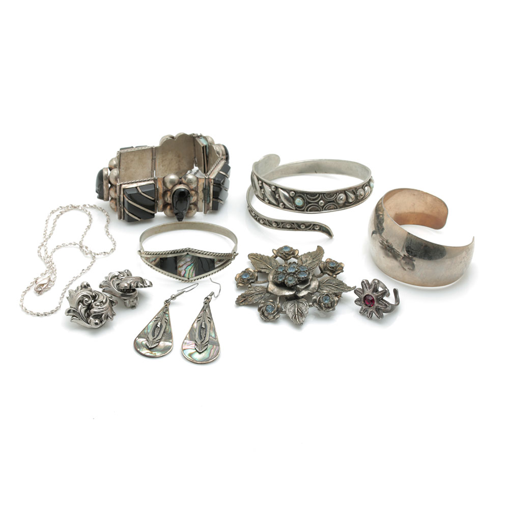 Jewelry Assortment Including Alpaca Mexico Abalone and Onyx Bracelet