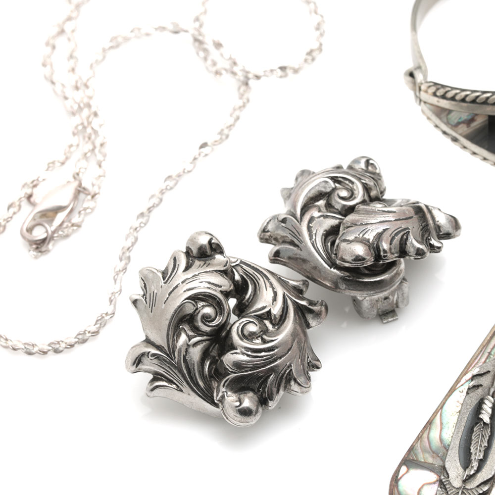 Jewelry Assortment Including Alpaca Mexico Abalone and Onyx Bracelet