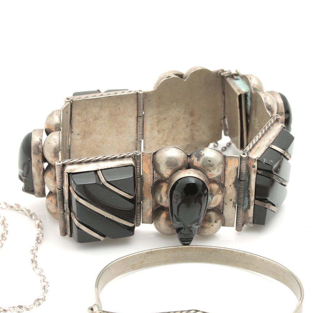 Jewelry Assortment Including Alpaca Mexico Abalone and Onyx Bracelet