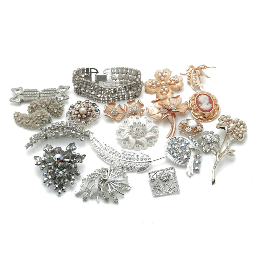 Assortment of Gold & Silver Tone Brooches with Rhinestones and Faux Pearls