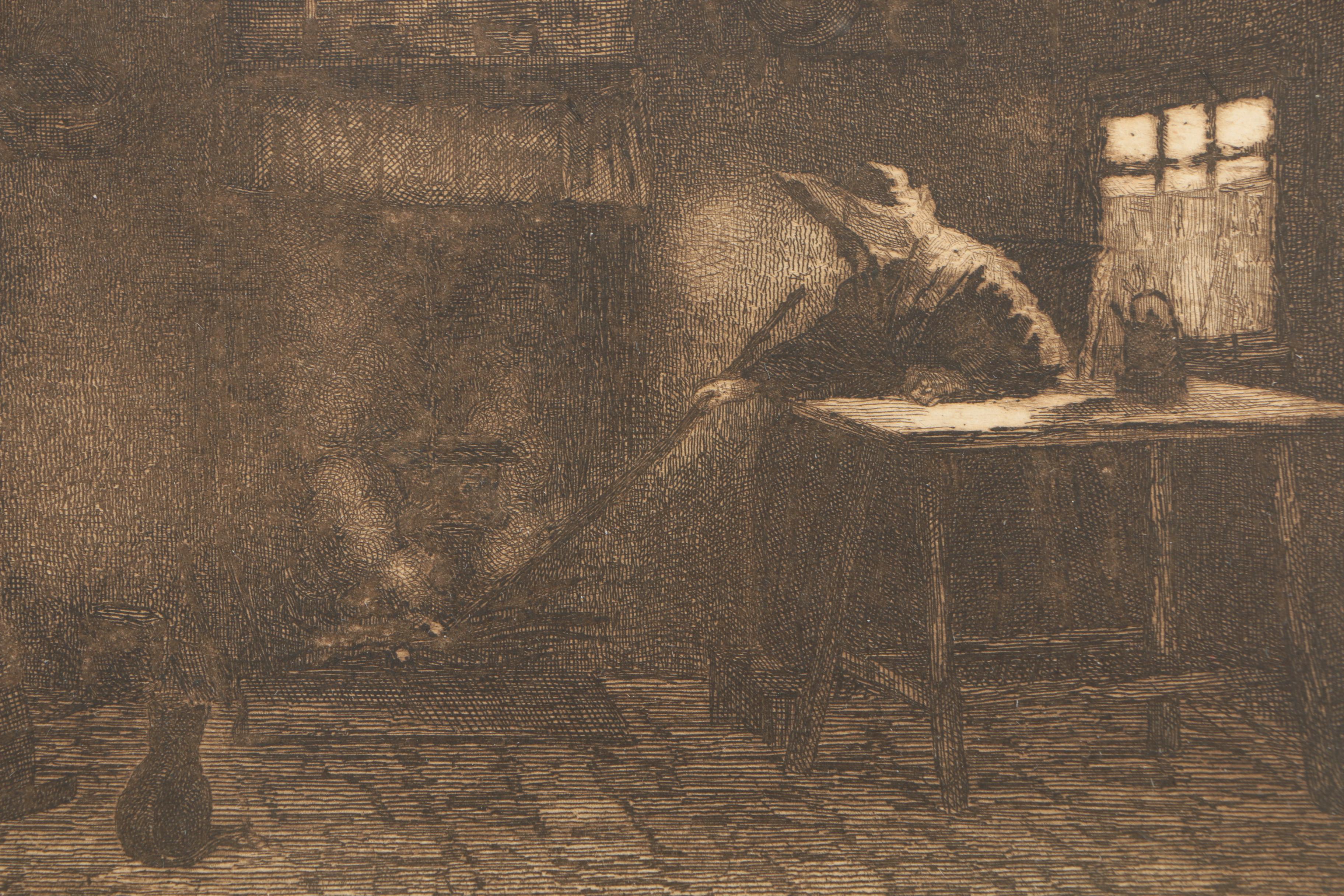 Lowenstein Vintage Intaglio Print on Paper of a Woman Stoking a Fire