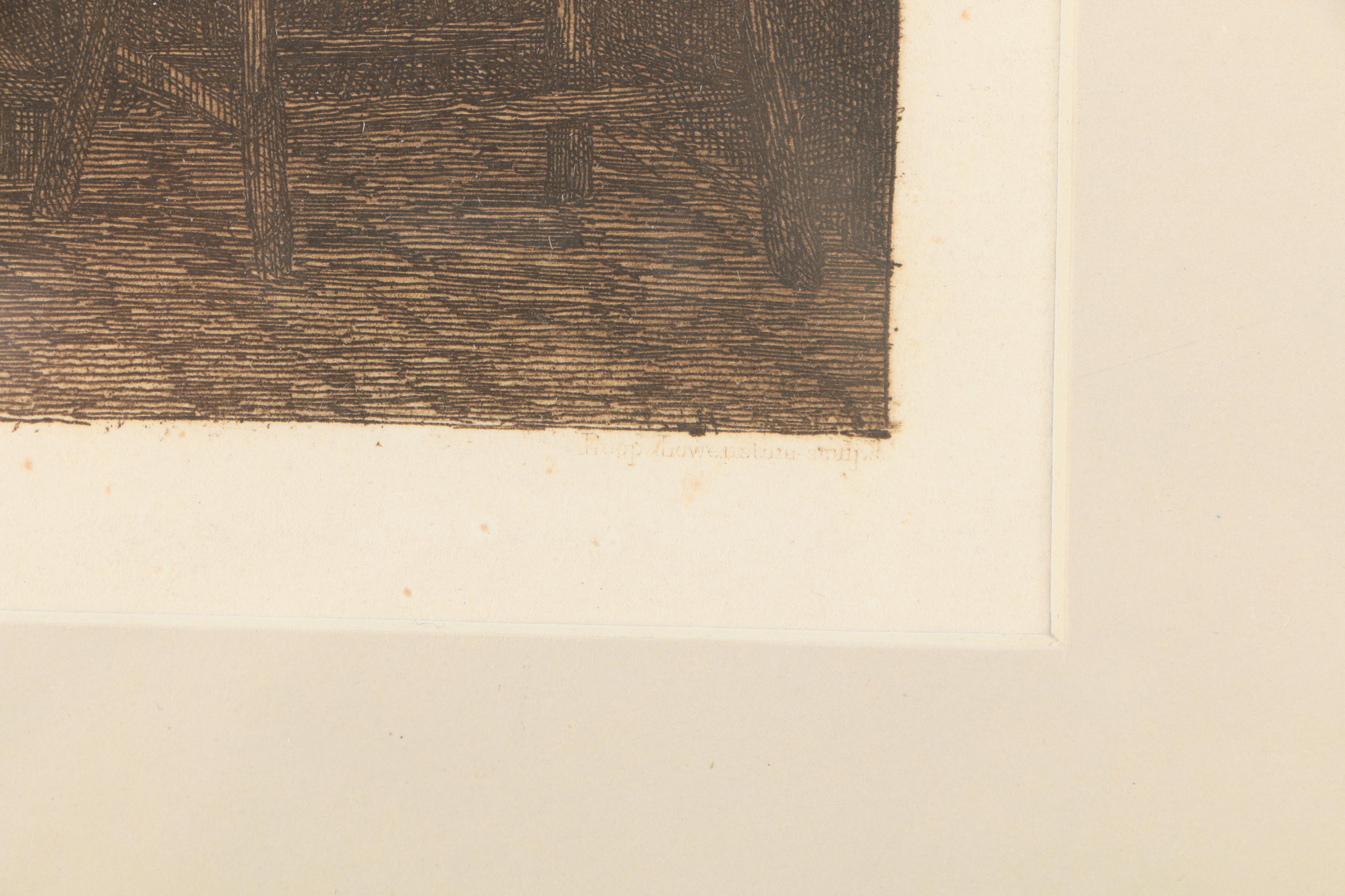 Lowenstein Vintage Intaglio Print on Paper of a Woman Stoking a Fire