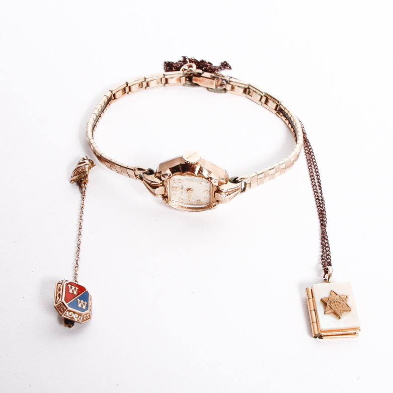 Vintage Bulova Rolled Gold Plate Watch with Granat Bros. Pin and Star of David Pendant Necklace