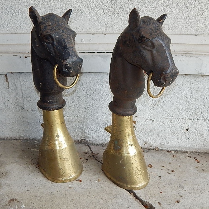 Cast Iron and Brass Horse Heads Hitching Posts