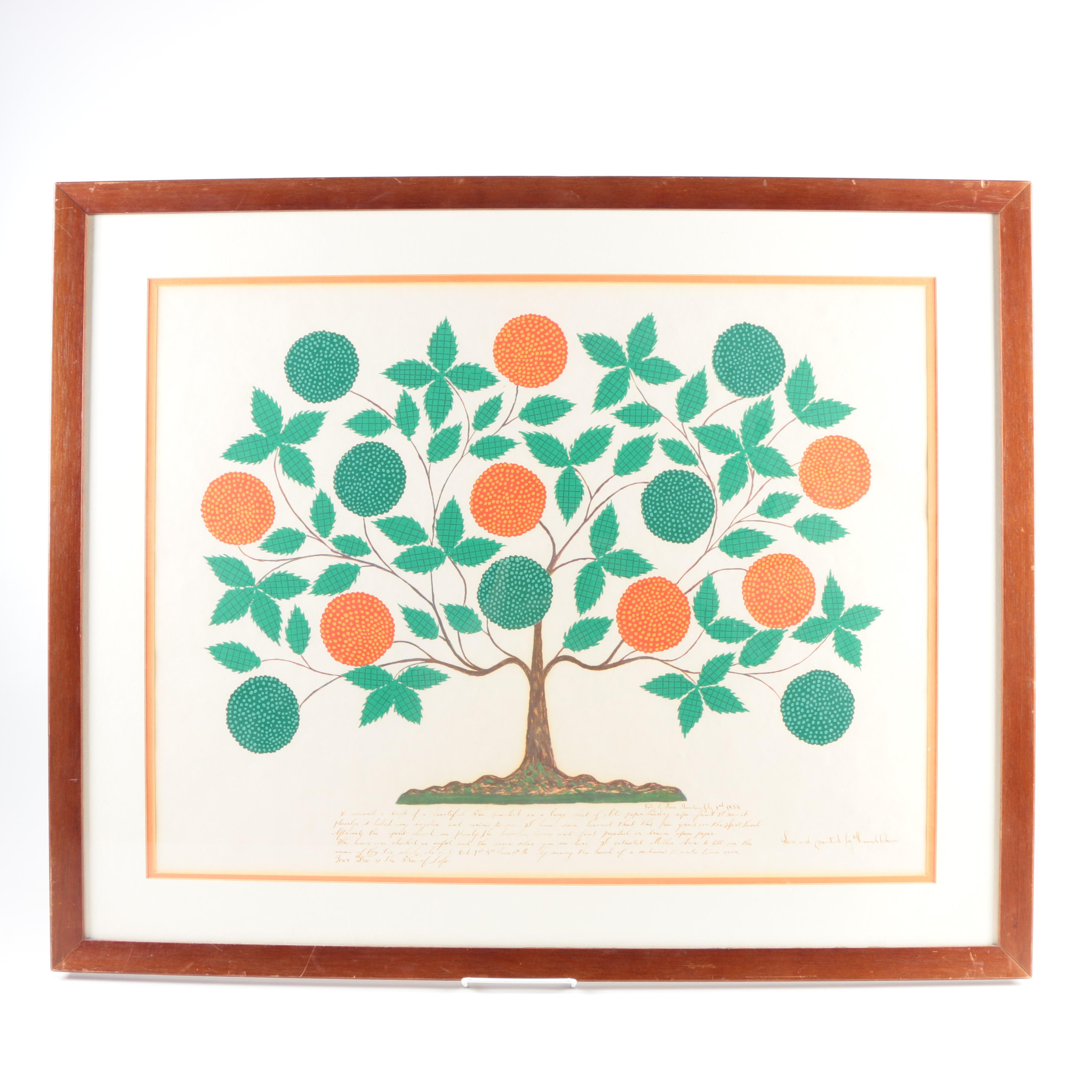 Embellished Serigraph After Hannah Cahoon Shaker Spirit Drawing "The Tree of Life"