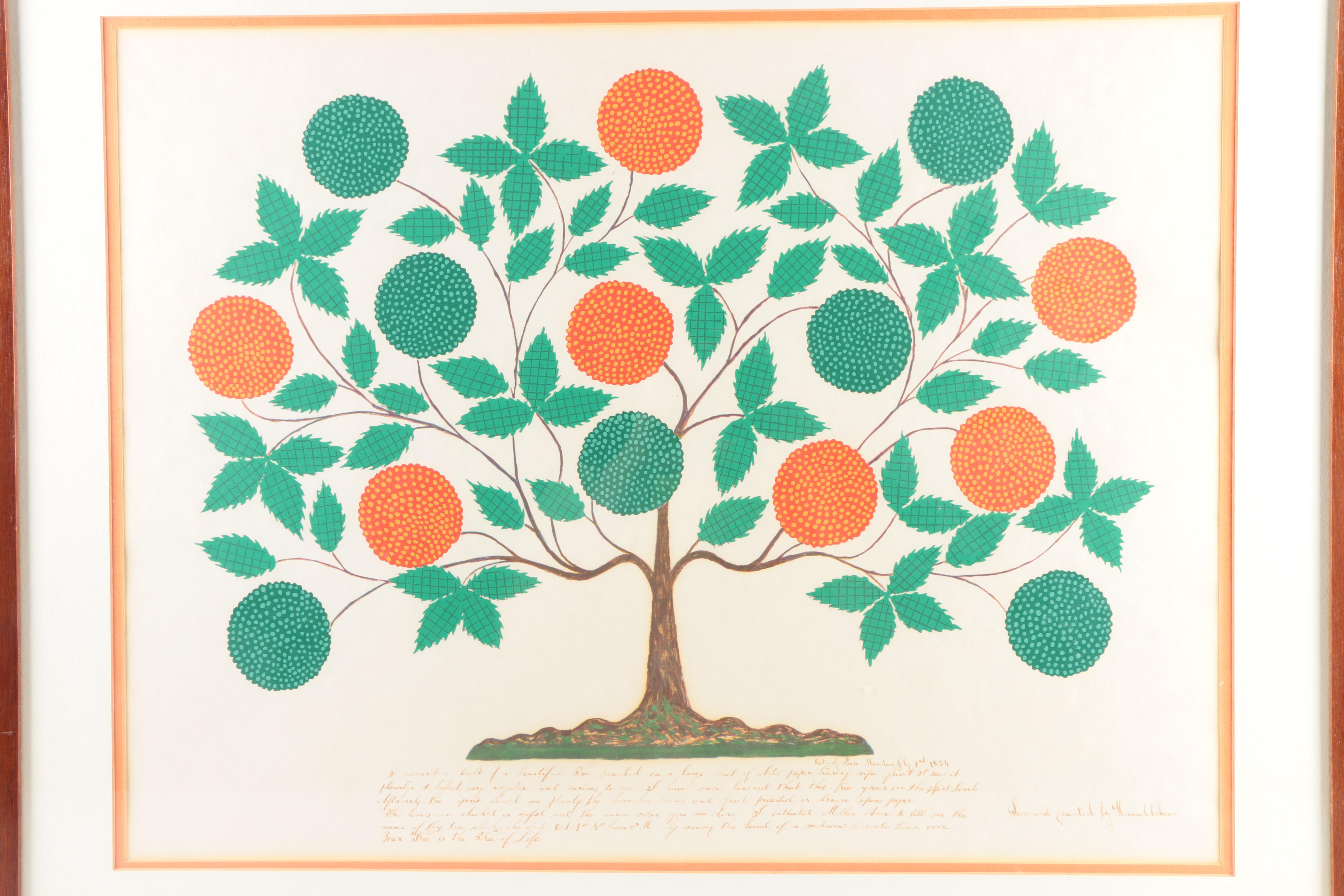 Embellished Serigraph After Hannah Cahoon Shaker Spirit Drawing "The Tree of Life"