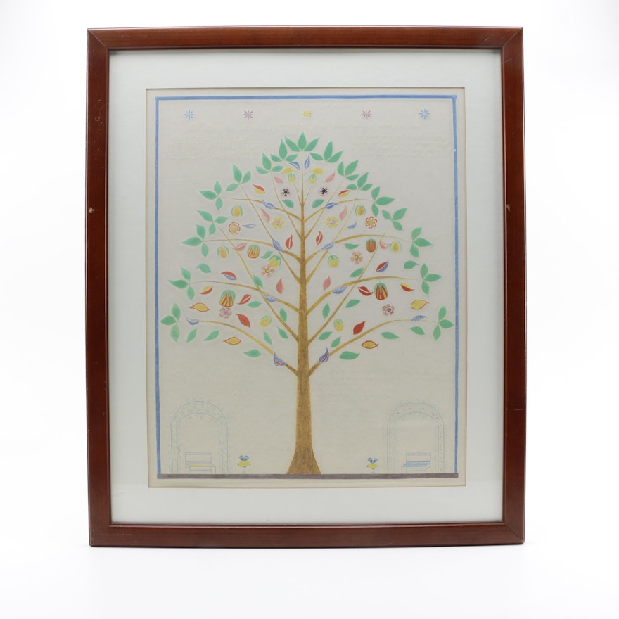 Embellished Serigraph After Shaker Spirit Drawing "Heavenly Tree"