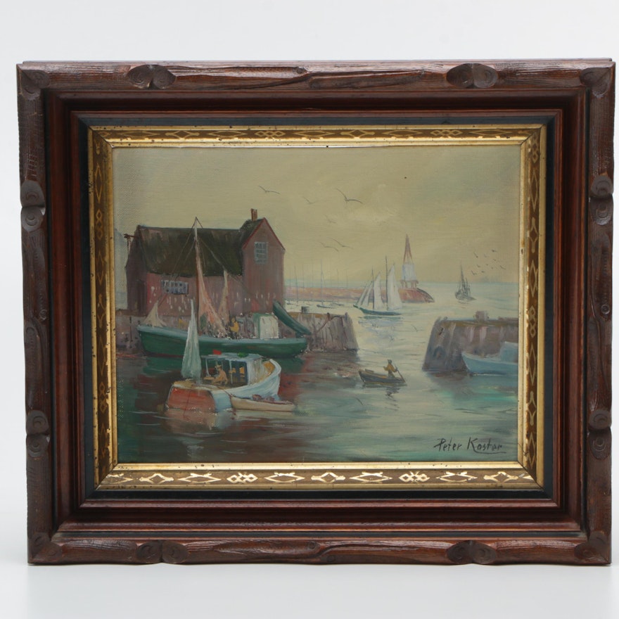 Peter Koster Oil Painting on Board of a Harbor