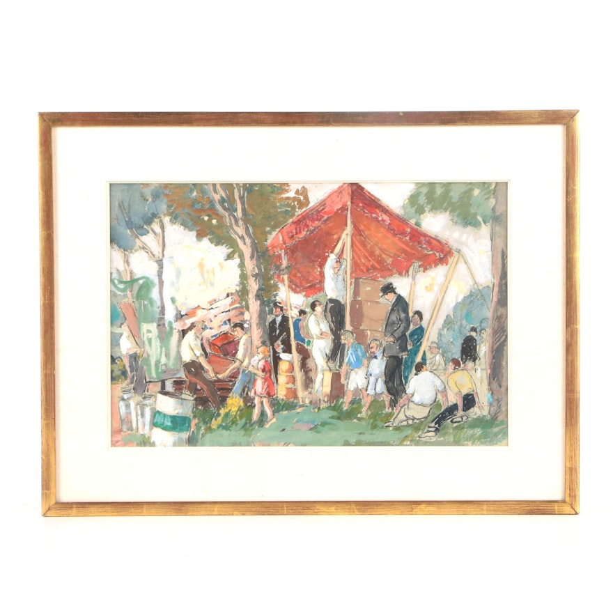 Gifford Beal Watercolor and Gouache Painting "Putting up the Tents"