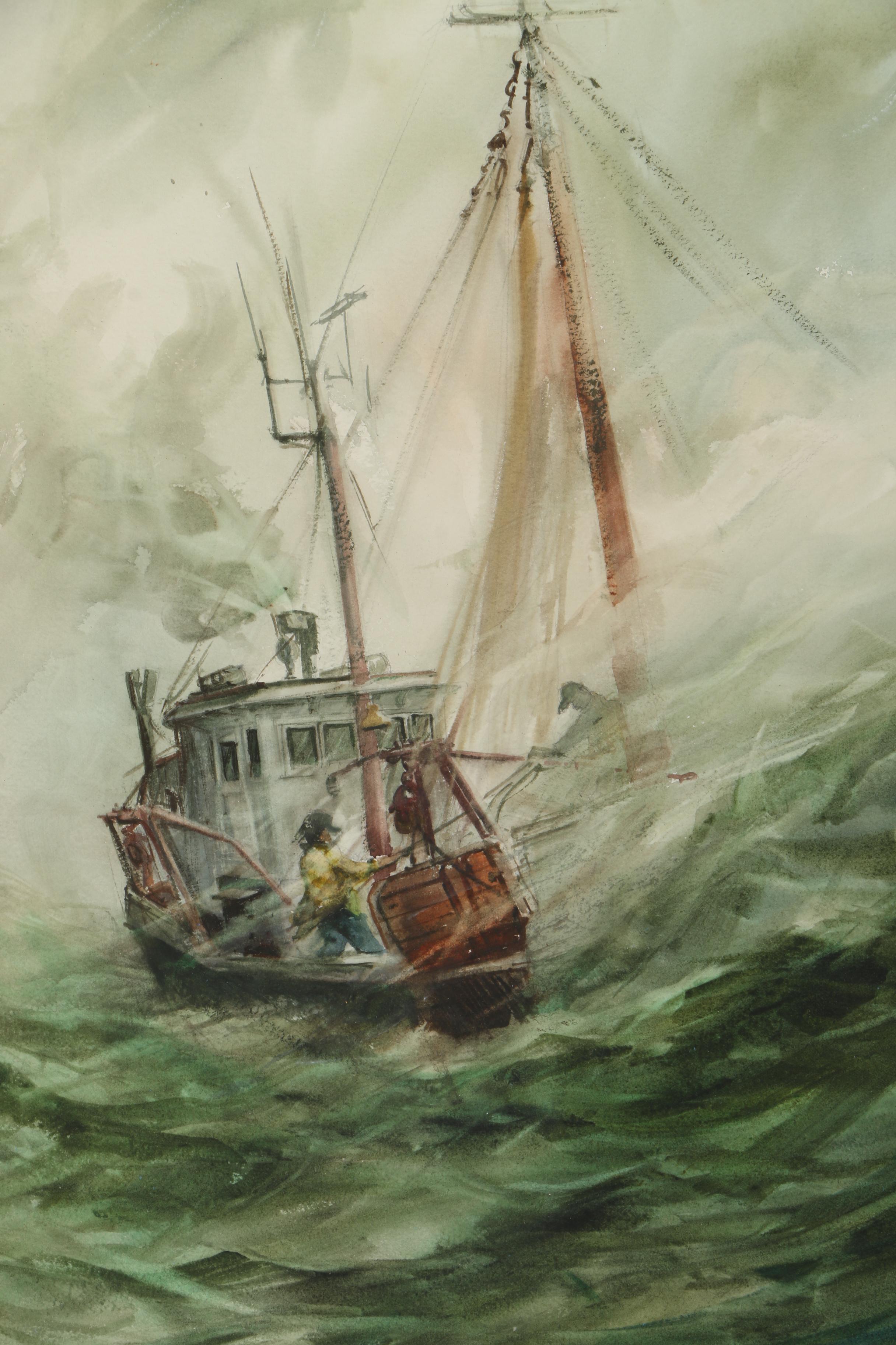 Allen Hawks Watercolor on Paper of a Boat in a Storm