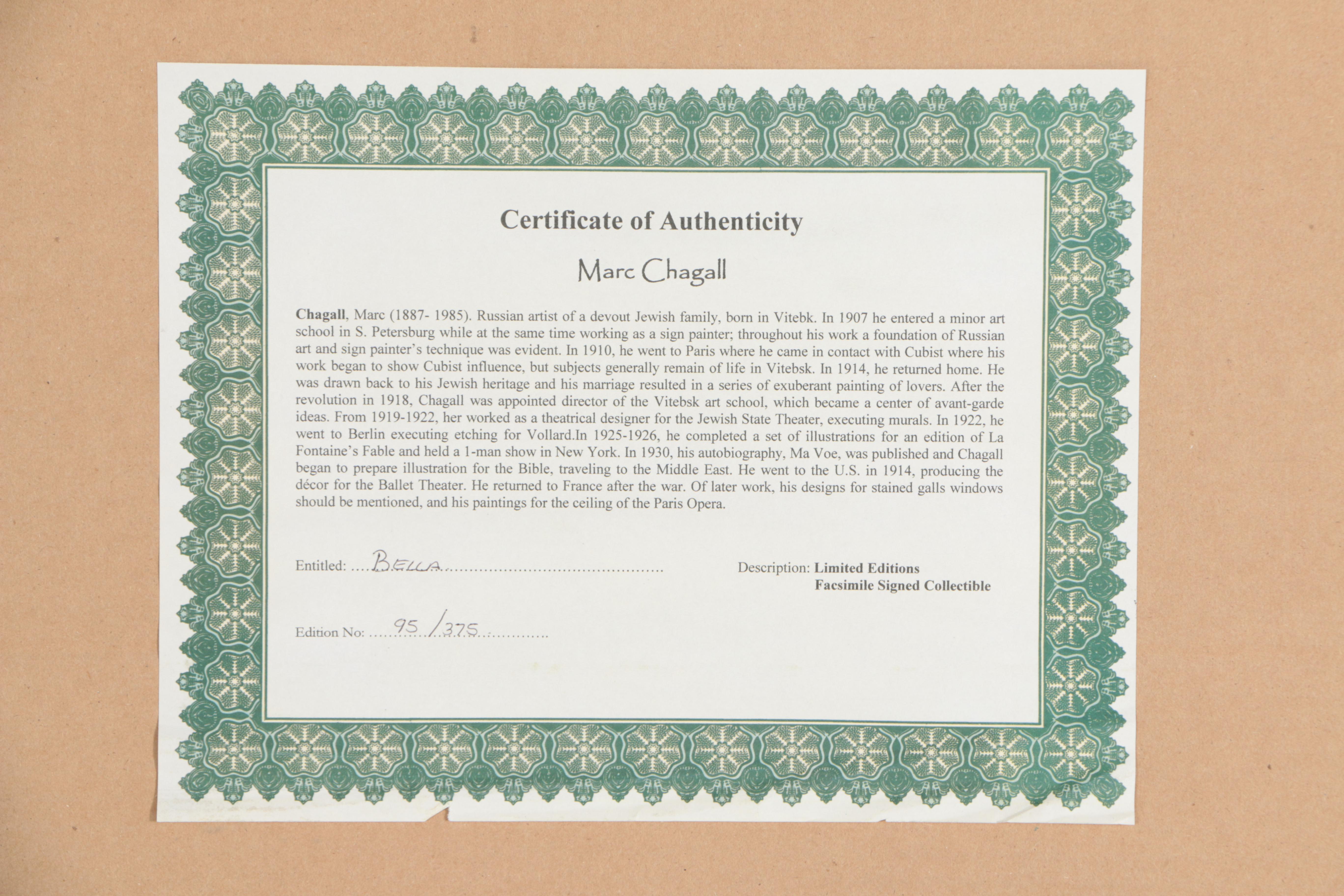 Limited Edition Offset Lithographic Reproduction after Marc Chagall's "Bella" with Facsimile Signature