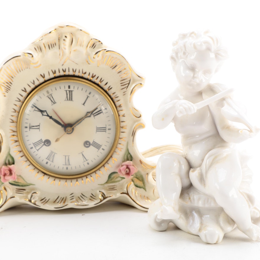 Porcelain Clock and Cherub Light