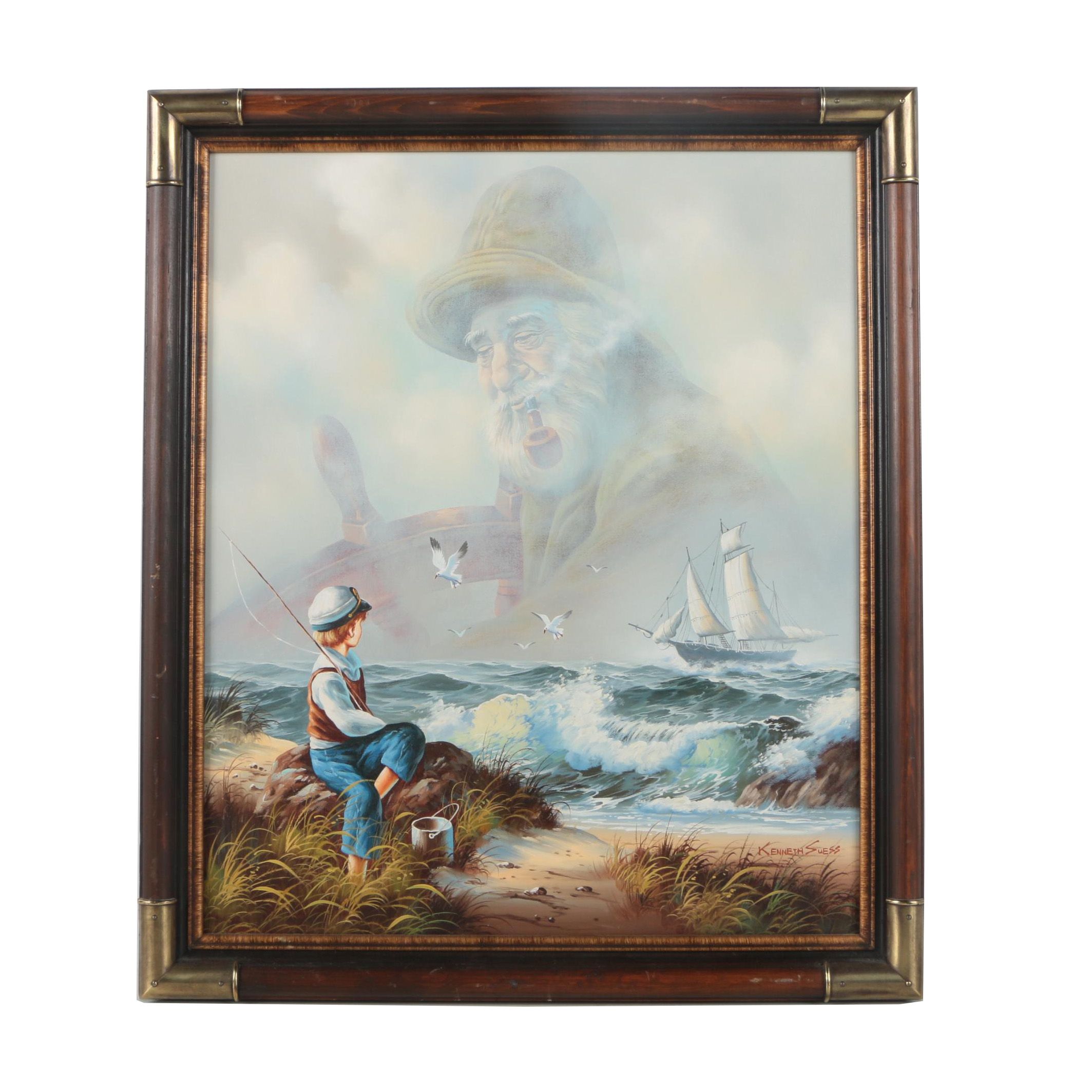 Kenneth Suess Oil Painting of a Boy and Sea Captain