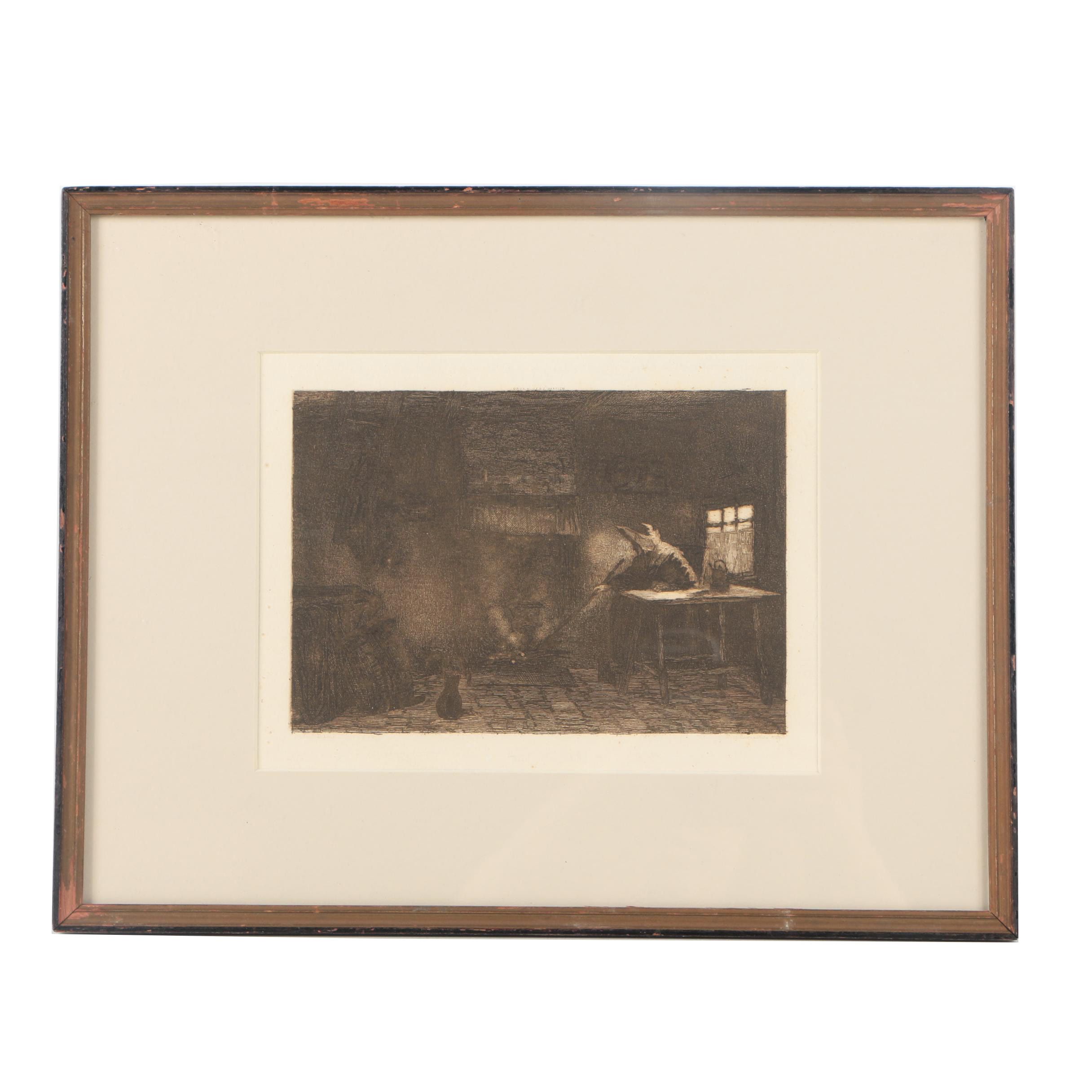 Lowenstein Vintage Intaglio Print on Paper of a Woman Stoking a Fire