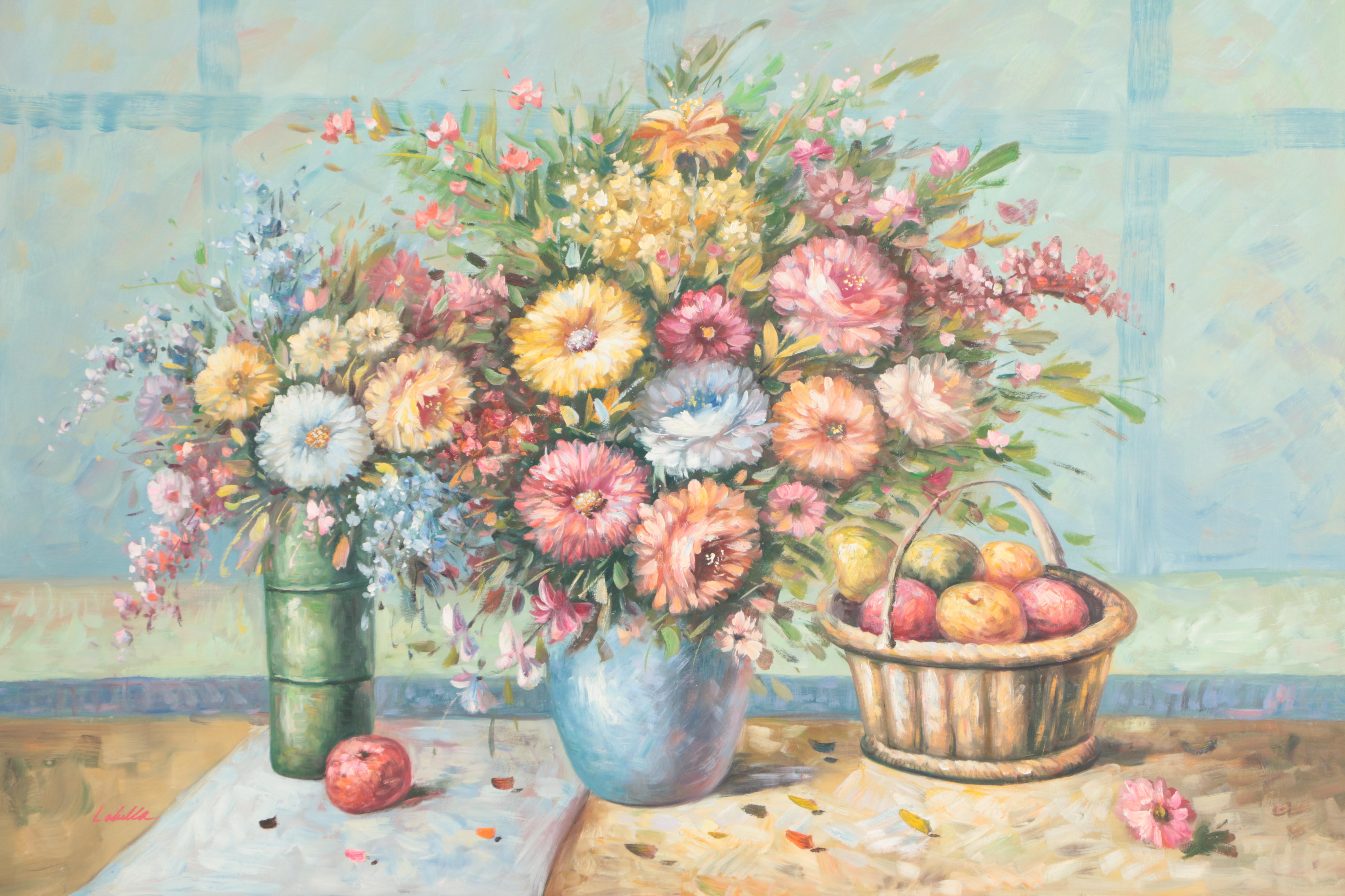 Labella Oil Painting of a Still Life with Fruit and Flowers