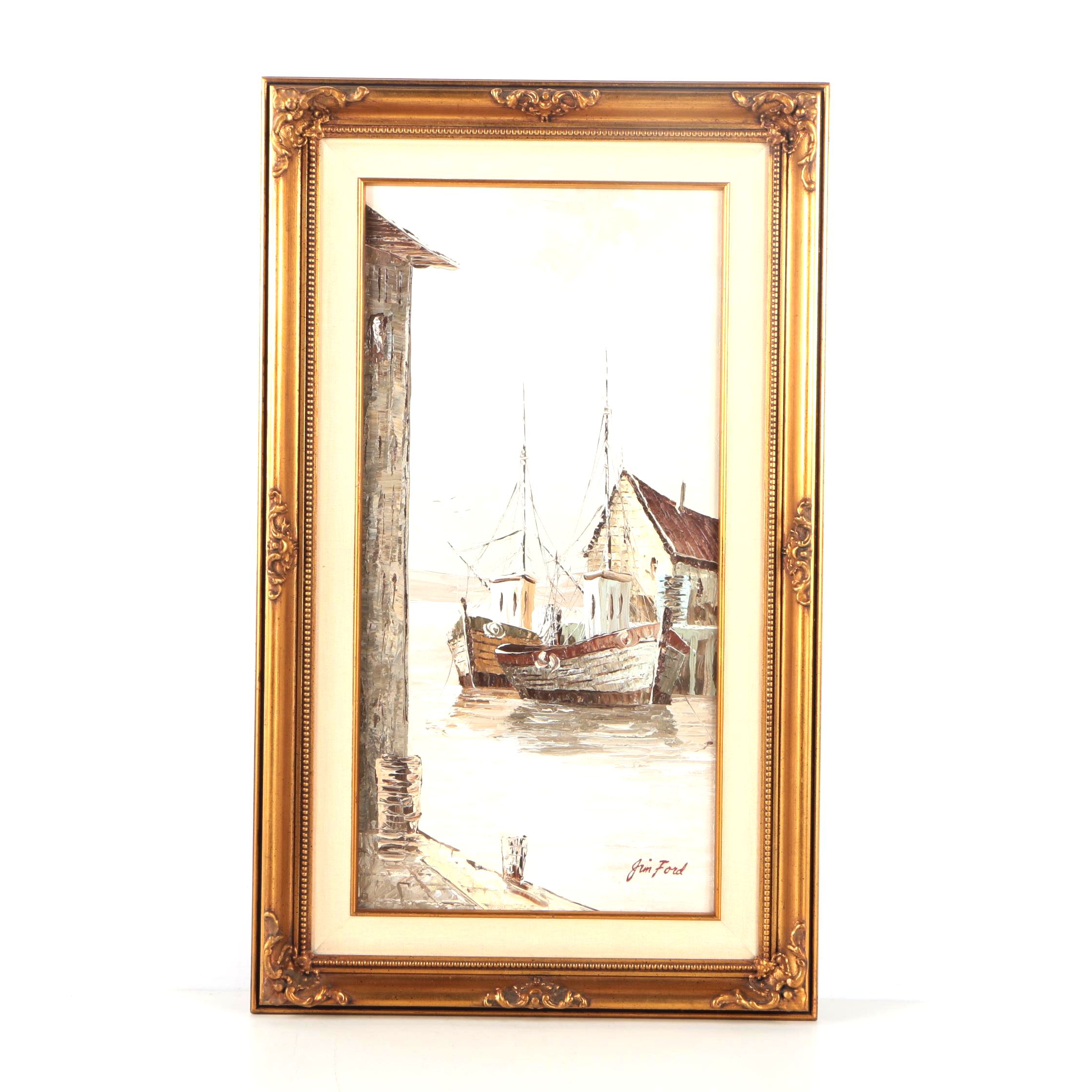 Jim Ford Oil Painting on Canvas of a Harbor Scene