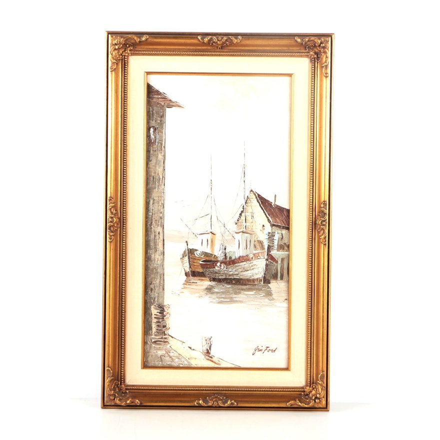 Jim Ford Oil Painting on Canvas of a Harbor Scene