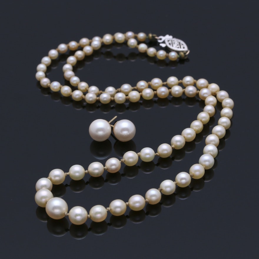 Cultured Pearl Necklace and Earrings with Yellow Gold Findings