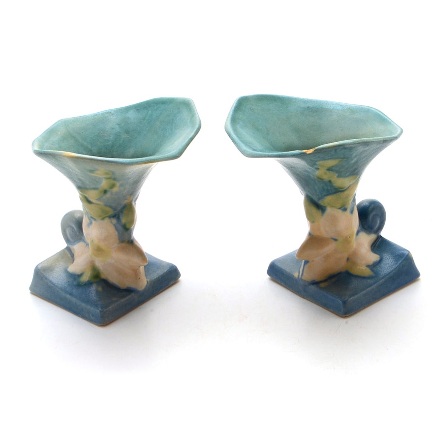 Pair of Roseville Art Pottery "Clematis" Cornucopia Vase