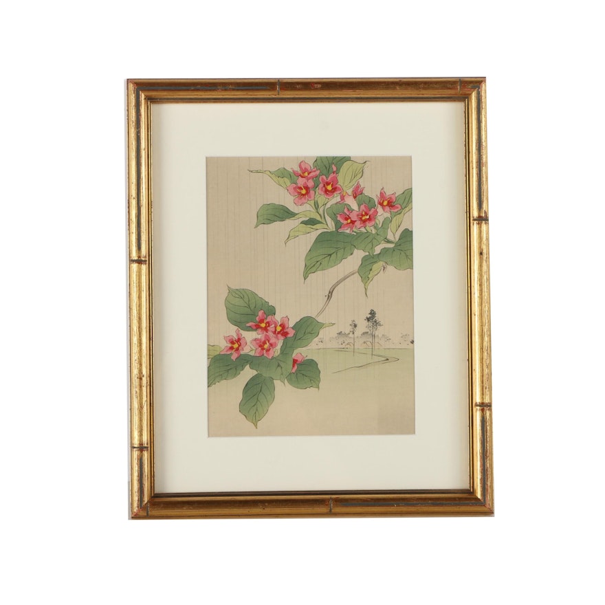 East Asian Style Hand-Colored Woodblock Print on Paper of Weigela