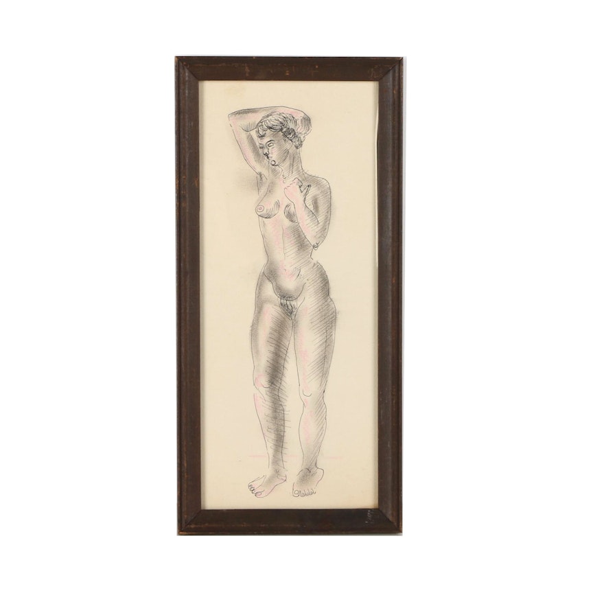 Mixed Media Figure Drawing Attributed to Barbara Bernhardt