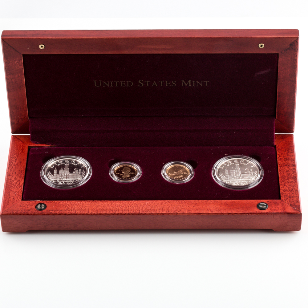 Set of Four Smithsonian Institution 150th Anniversary Gold and Silver Coins