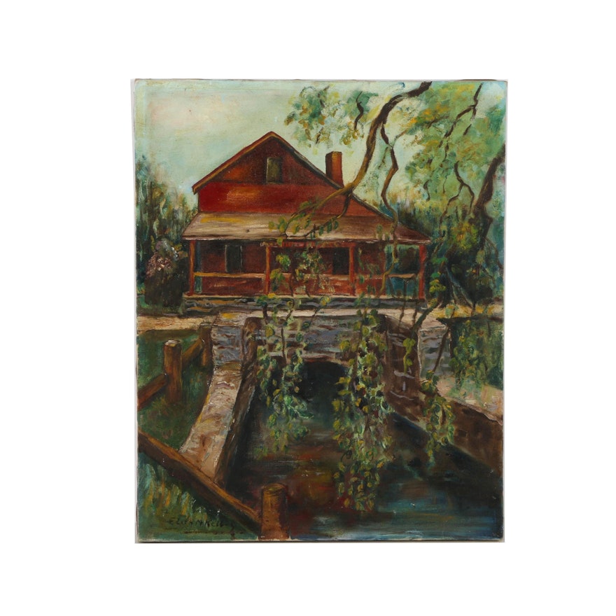 Edith M. Kelley Oil Painting on Canvas of a Rustic Cabin