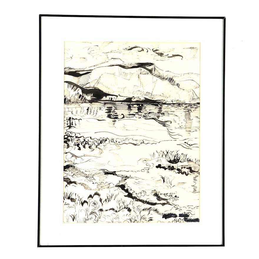 Ink Drawing on Paper of Landscape "Lake Tahoe"