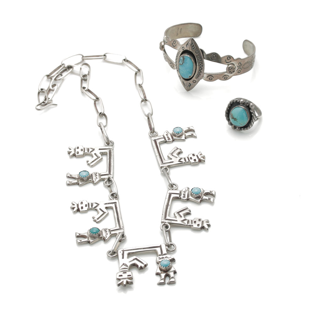 Navajo Style Sterling Silver Turquoise Jewelry Featuring Rainbow Man Yei Necklace