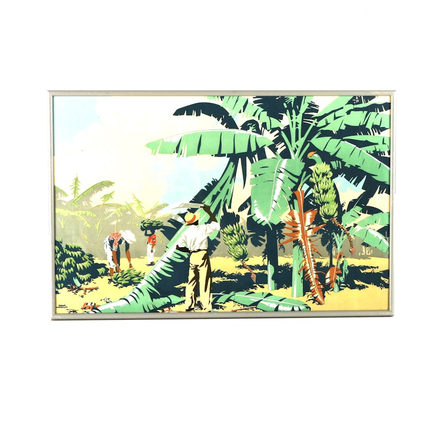 1930s Color Lithograph After Frank Newbould's "Cutting Bananas in Jamaica"