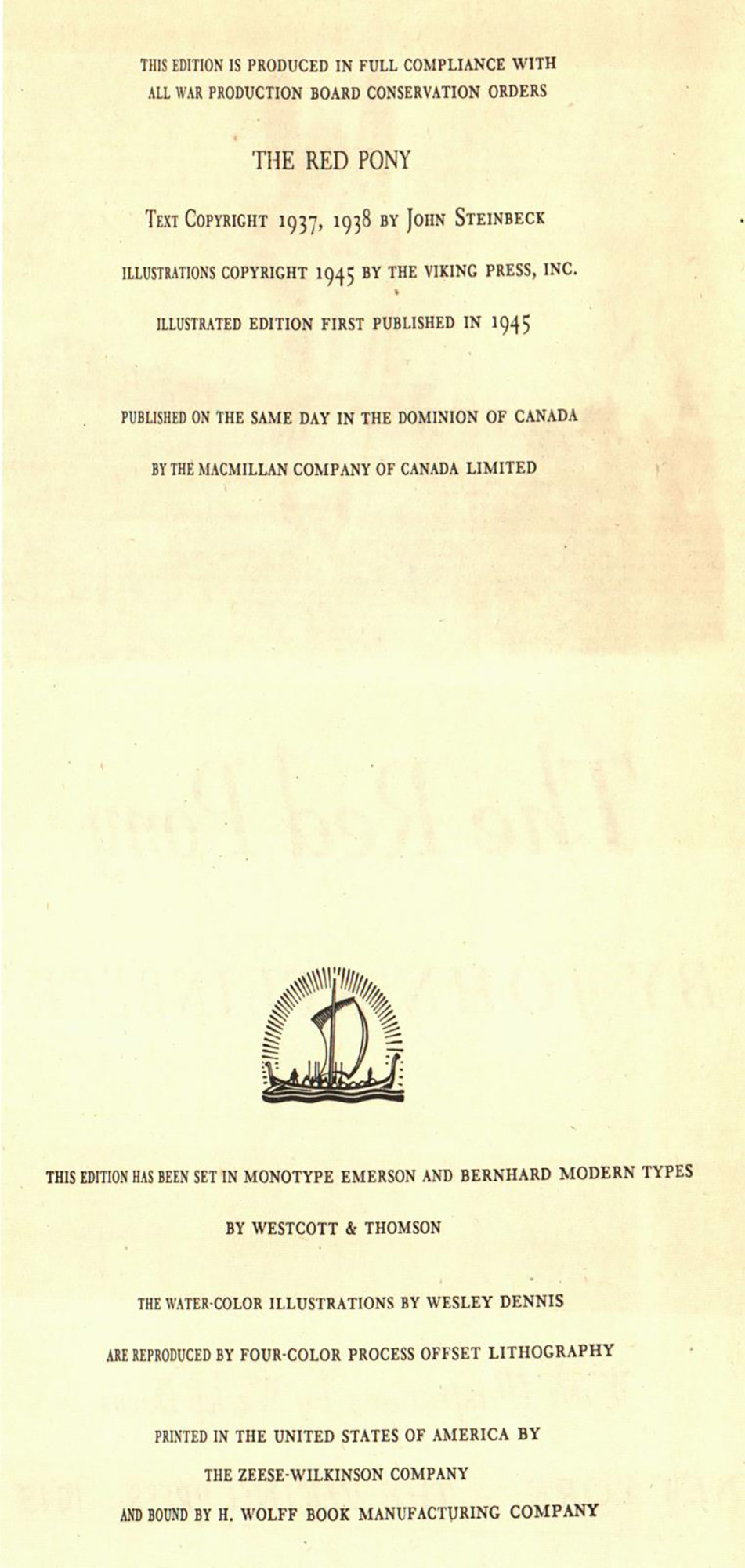 1945 First Illustrated Edition "The Red Pony" by John Steinbeck