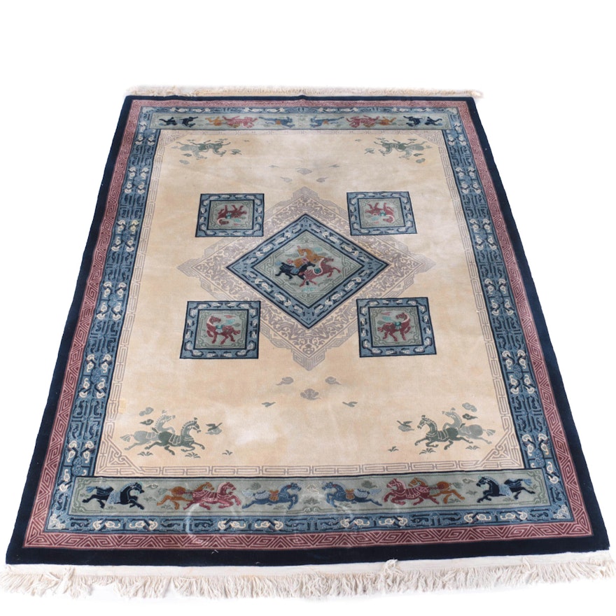 Hand-Knotted and Carved Chinese "War Horse" Area Rug