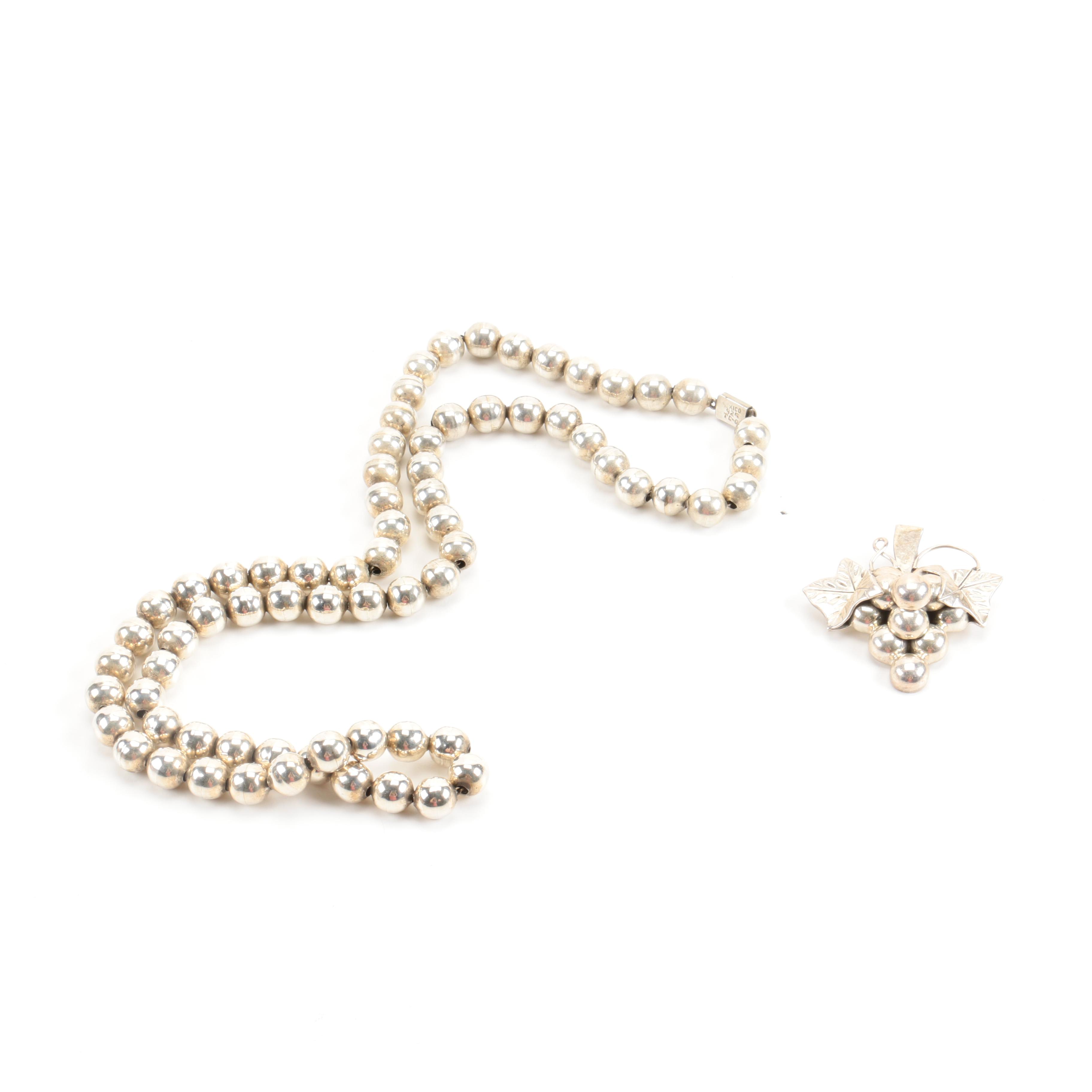 Mexican Sterling Silver Pendant and Beaded Necklace