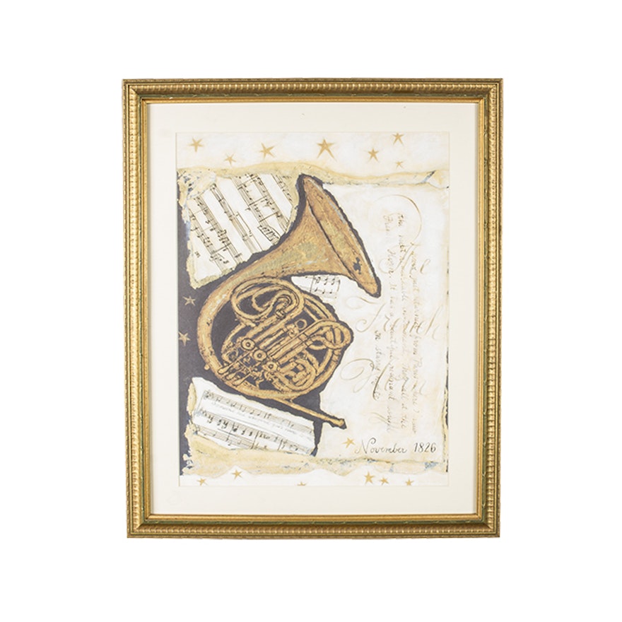 Offset Lithograph on Paper of a French Horn