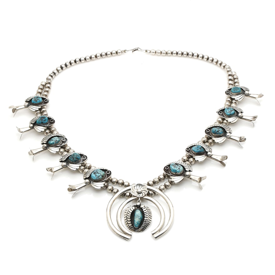 John G. Begay Sterling Silver Turquoise Squash Blossom Naja Necklace