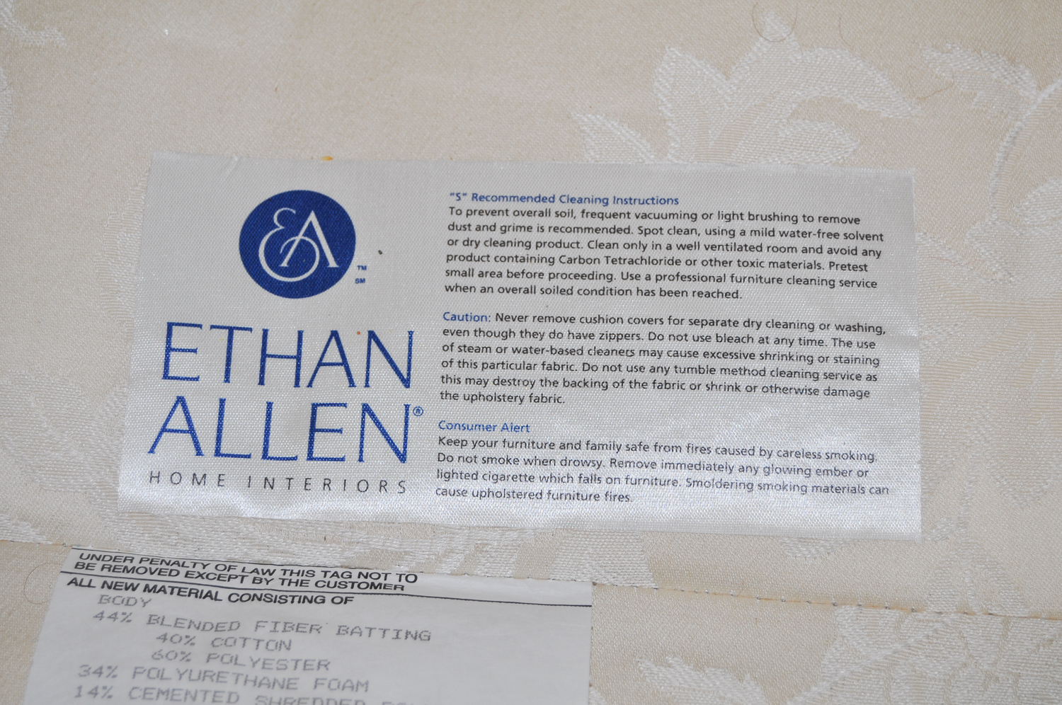 Ethan Allen Ivory "Maiden" Fruited-Vines Patterned Sofa