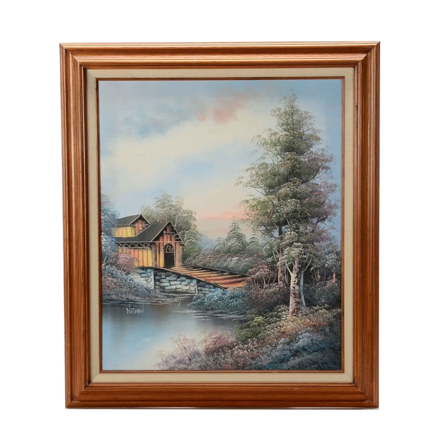 Nathan Signed Original Decorative Landscape Oil on Canvas