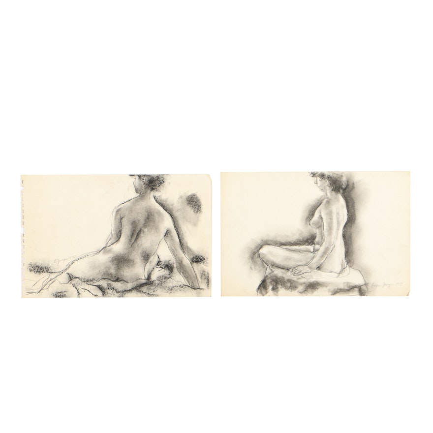 Edgar Yaeger Charcoal Drawings on Paper of Female Nudes