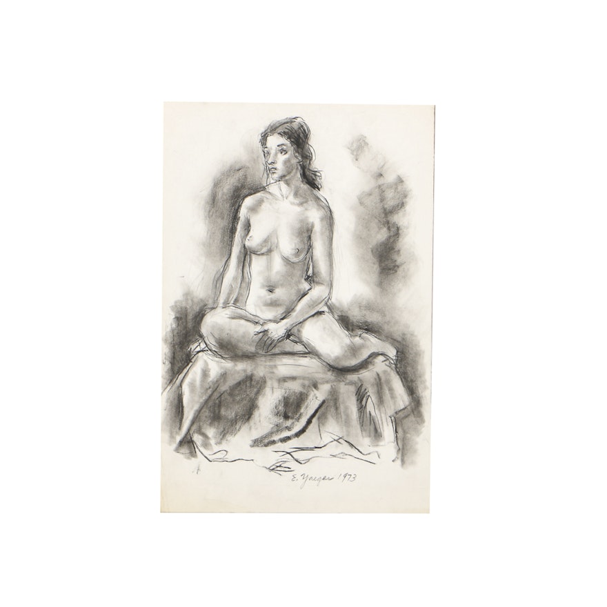 Edgar Yaeger Charcoal Drawing on Paper of a Female Nude