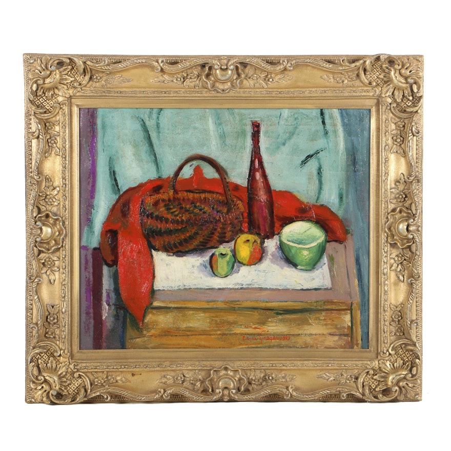 Edgar Yaeger Oil Painting on Canvas "Woven Basket Still Life"