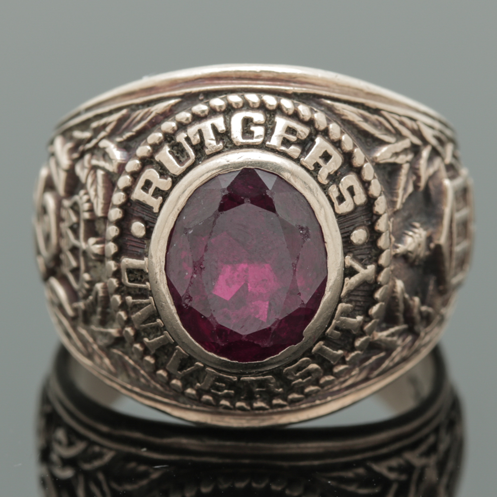 Vintage Rutgers University 10K Yellow Gold Class Ring Featuring Synthetic Ruby