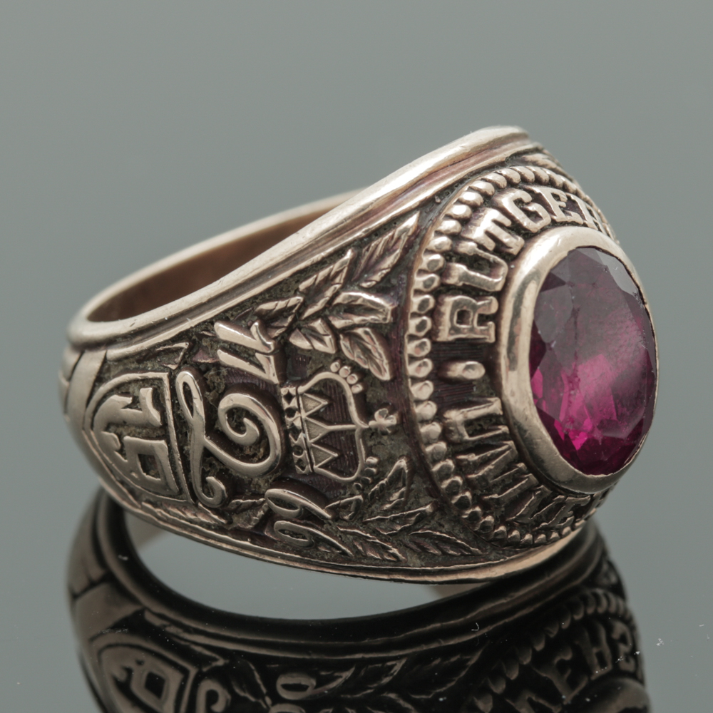 Vintage Rutgers University 10K Yellow Gold Class Ring Featuring Synthetic Ruby
