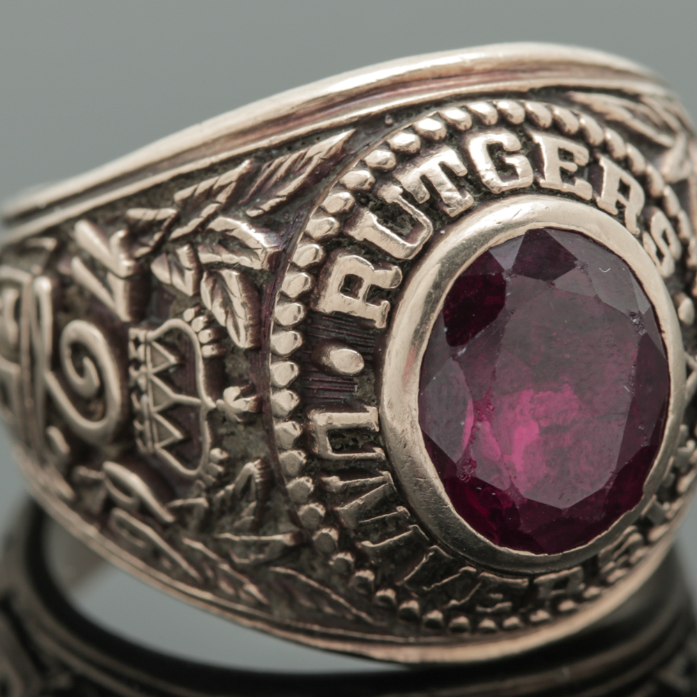 Vintage Rutgers University 10K Yellow Gold Class Ring Featuring Synthetic Ruby