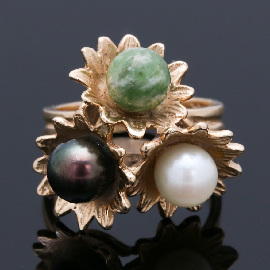 14K Yellow Gold Pearl and Connemara Marble Giardinetti Ring